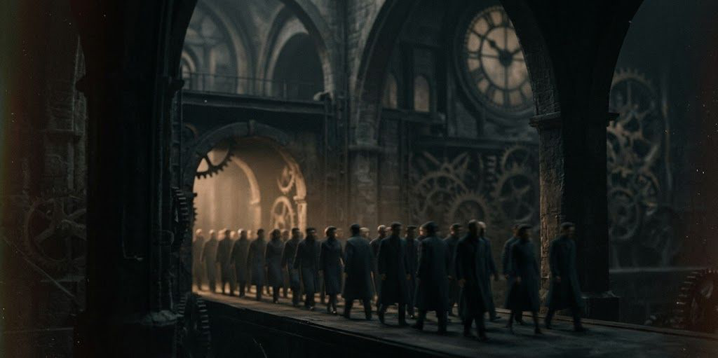 A dark, minimalist scene showing a glowing, arched doorway with a shadowy figure standing inside, partially reflected on a glossy floor, creating a mysterious and atmospheric mood.
