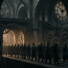 A dark, minimalist scene showing a glowing, arched doorway with a shadowy figure standing inside, partially reflected on a glossy floor, creating a mysterious and atmospheric mood.
