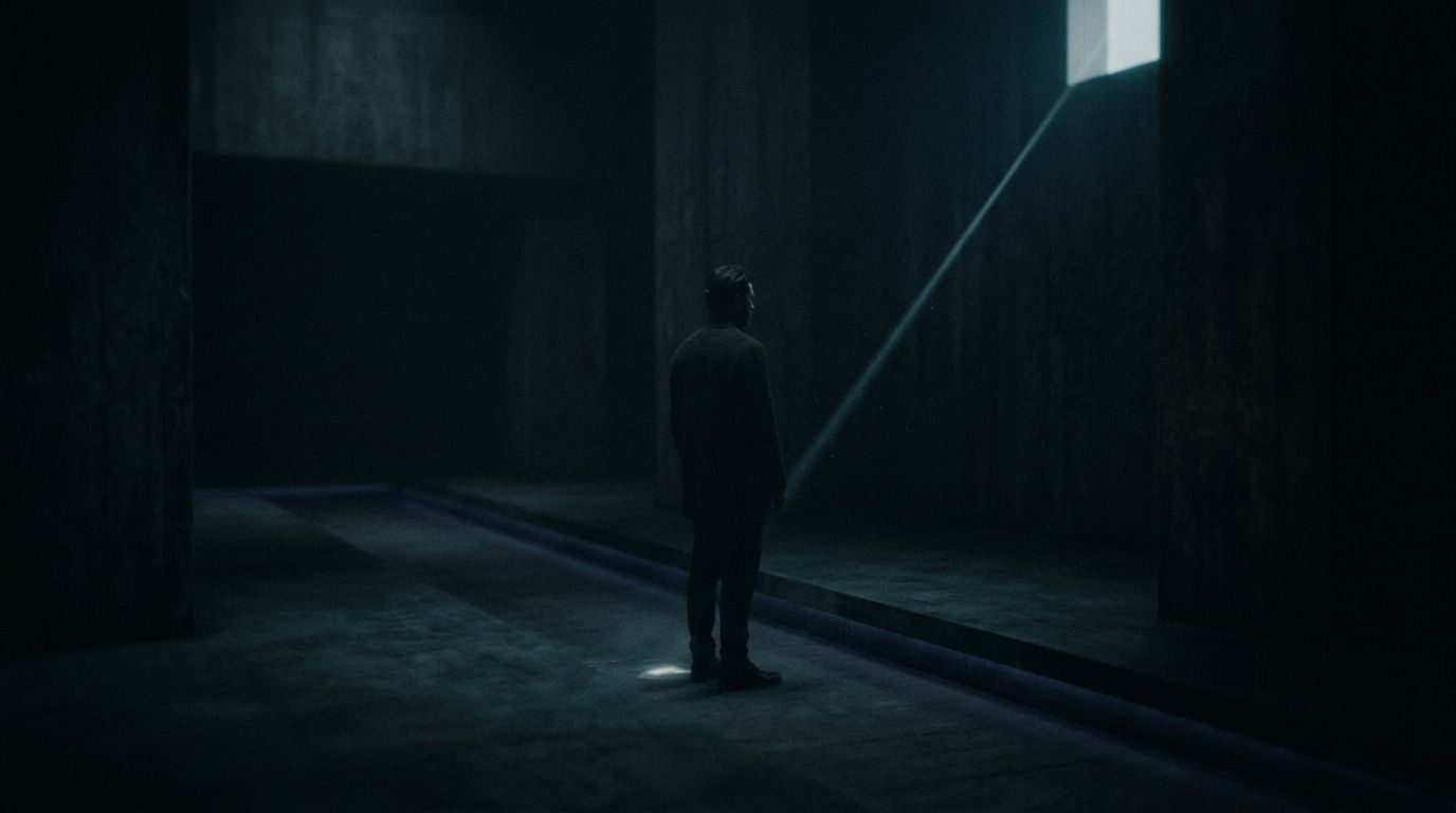 A solitary figure stands in a vast, dark concrete hall as a single beam of light cuts through the darkness, creating a cinematic and mysterious atmosphere.