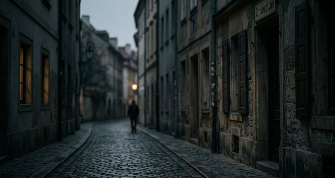 Dark, narrow cobblestone street lined with old buildings at dusk, with a lone blurred figure walking in the distance under dim streetlights, creating a moody and cinematic atmosphere.