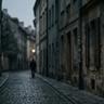 Dark, narrow cobblestone street lined with old buildings at dusk, with a lone blurred figure walking in the distance under dim streetlights, creating a moody and cinematic atmosphere.