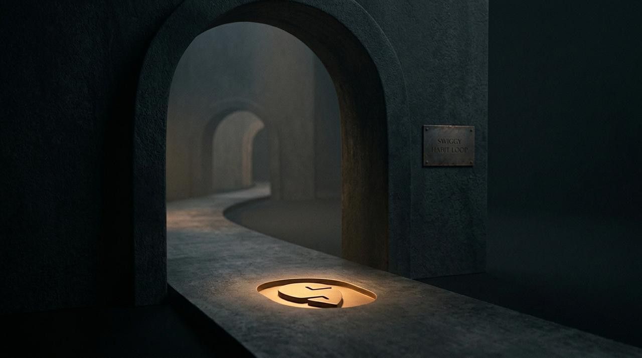 A minimalist, desaturated photograph of a stone corridor with a series of receding arches. In the foreground, a subtle, stylized Swiggy "S" logo is carved into the floor, glowing with a soft amber light. On the textured concrete wall, a weathered brass plaque is embossed with the words "SWIGGY HABIT LOOP." The lighting is cinematic and moody, with deep shadows and a fine-film grain, emphasizing a quiet, metaphorical journey through a habitual path.