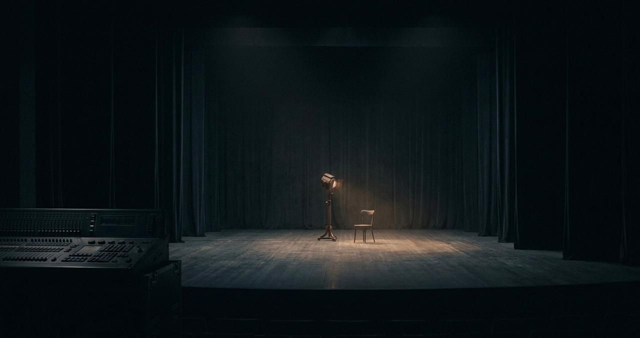 Dark theater stage with a single spotlight illuminating an empty chair, creating a dramatic and minimalist atmosphere