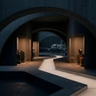 A dark, minimalist scene showing a glowing, arched doorway with a shadowy figure standing inside, partially reflected on a glossy floor, creating a mysterious and atmospheric mood.