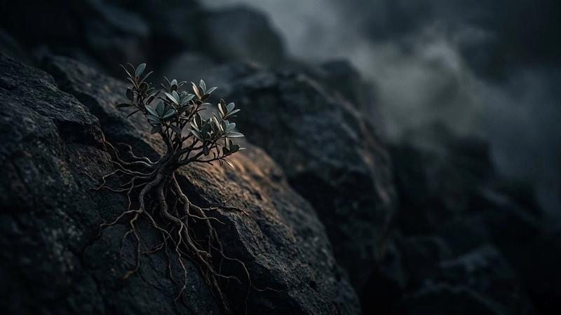 Small plant with roots exposed grows on rugged, dark rocks under soft light, surrounded by mist, creating a serene and resilient scene.