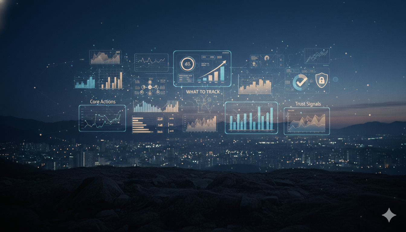 “Futuristic analytics dashboard floating over a city at night, displaying charts and metrics for core actions, tracking, and trust signals.”