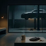A dark, minimalist scene showing a glowing, arched doorway with a shadowy figure standing inside, partially reflected on a glossy floor, creating a mysterious and atmospheric mood.