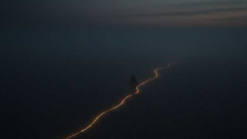 A person walks along a glowing path in a misty, dark blue landscape. Twilight sky creates a moody, mysterious atmosphere.