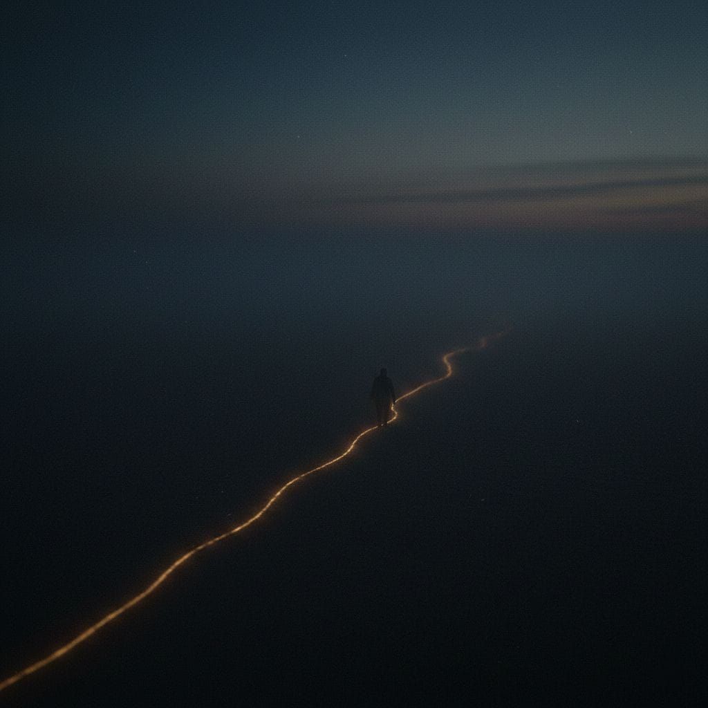 A person walks along a glowing path in a misty, dark blue landscape. Twilight sky creates a moody, mysterious atmosphere.