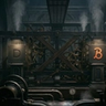 A dark, minimalist scene showing a glowing, arched doorway with a shadowy figure standing inside, partially reflected on a glossy floor, creating a mysterious and atmospheric mood.