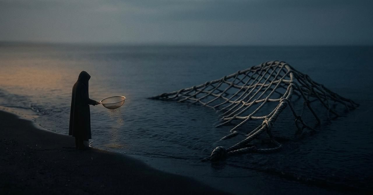 Person trying to catch something in the ocean with a small net, representing ineffective testing catching few bugs
