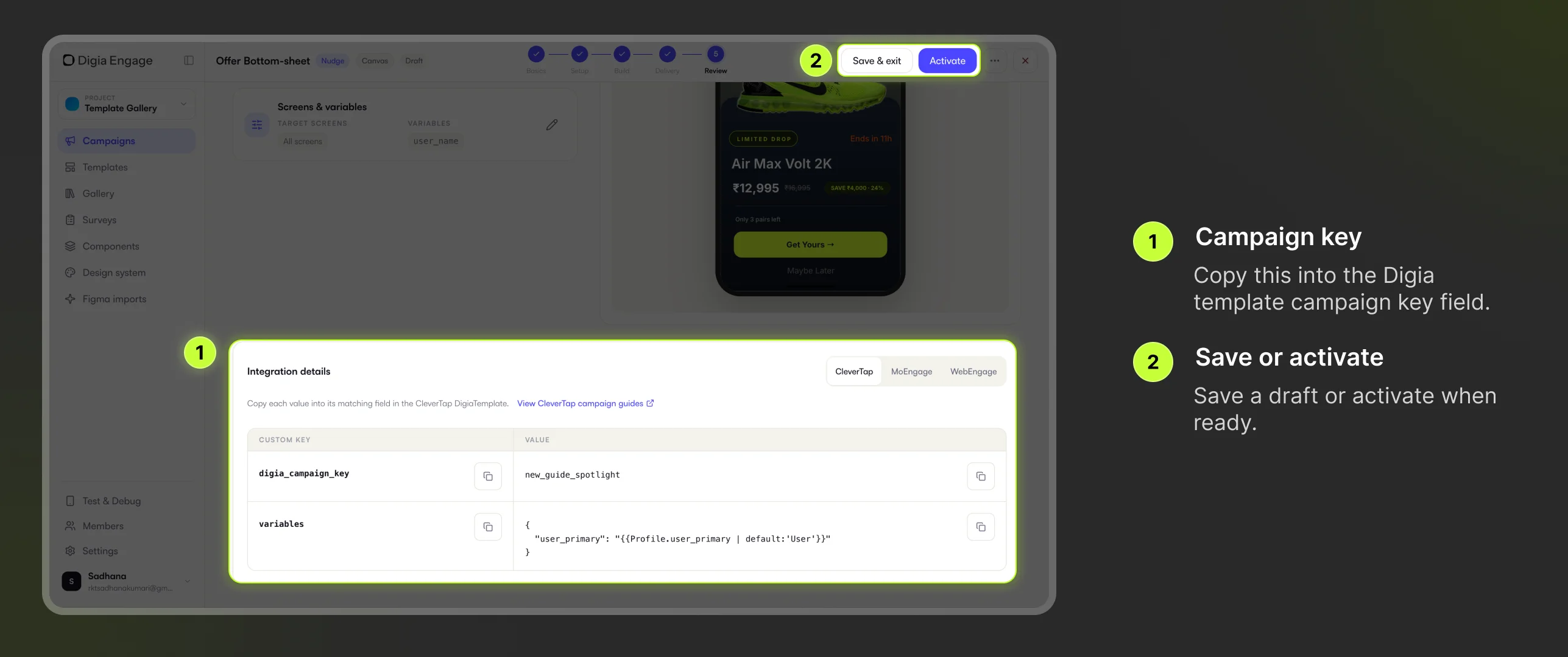 Digia Engage Review step with CleverTap integration details, campaign key, and activation controls