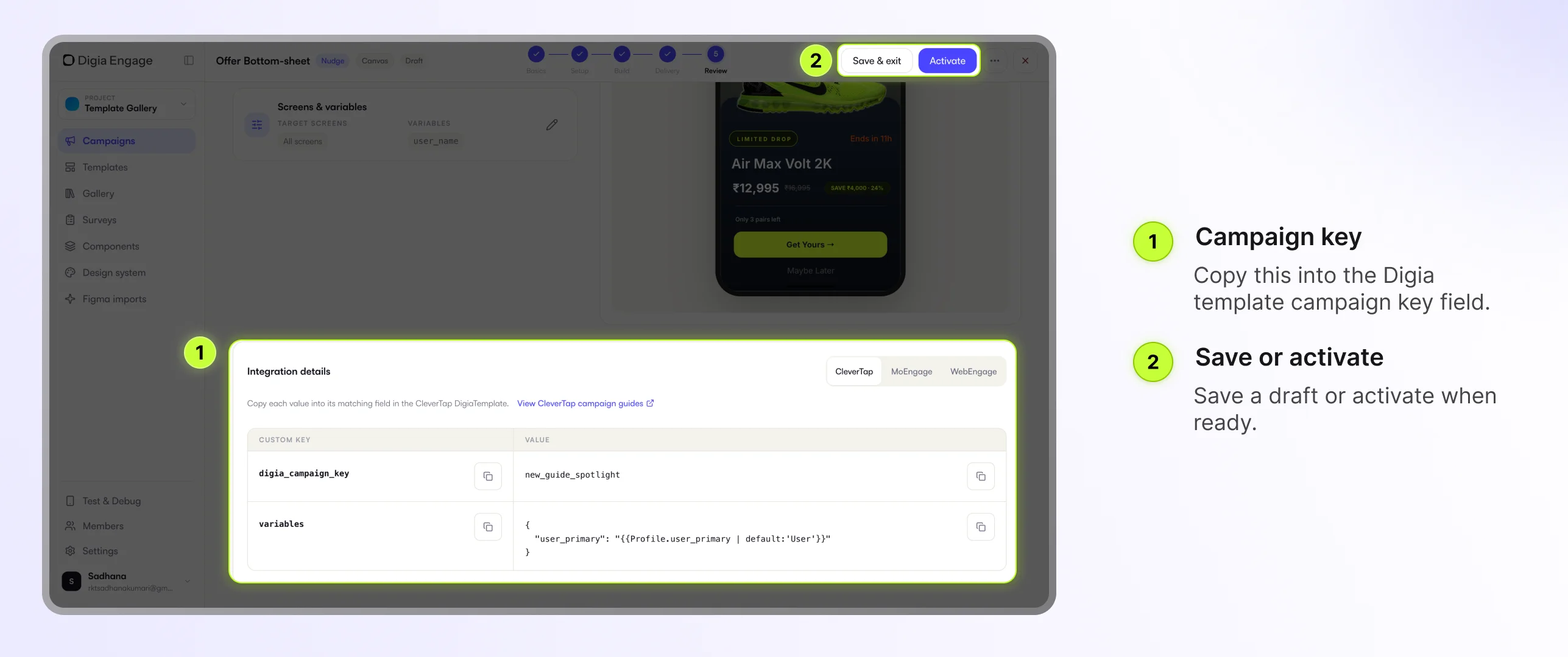 Digia Engage Review step with CleverTap integration details, campaign key, and activation controls