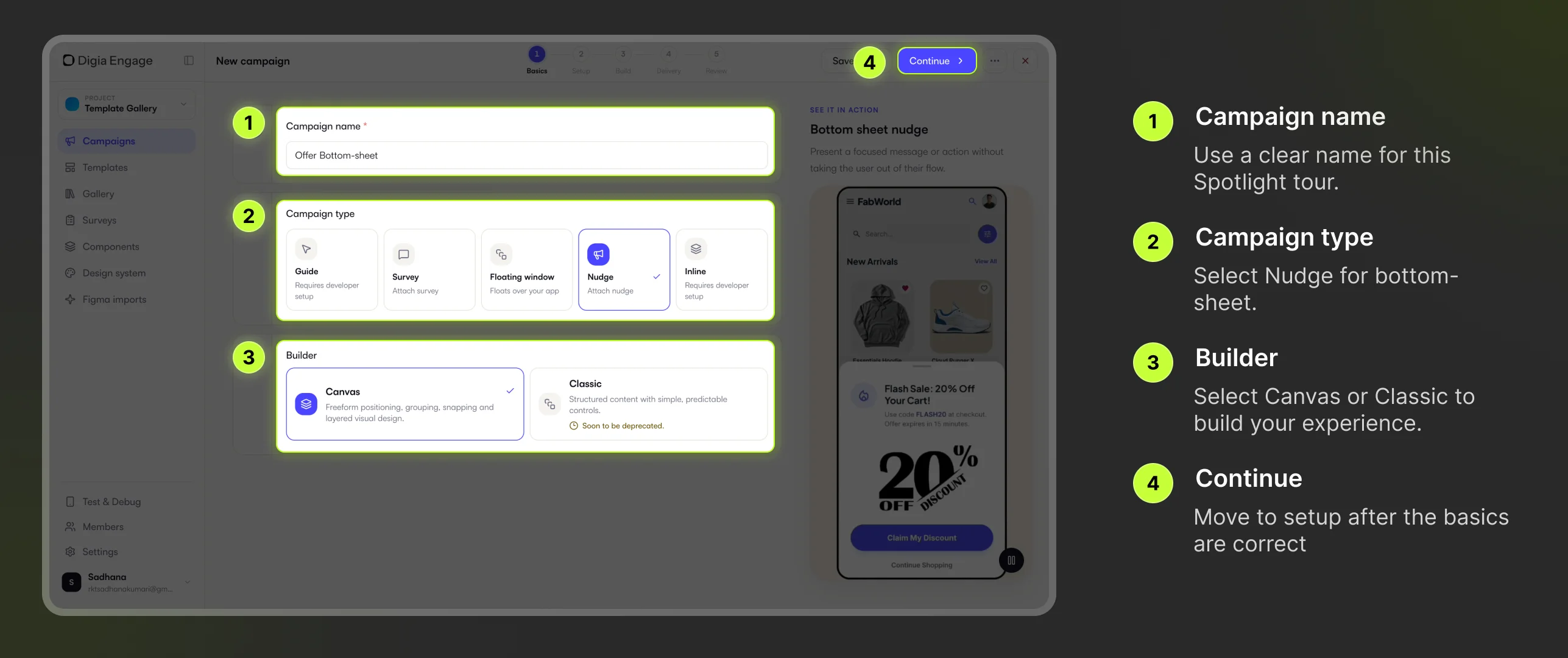 Digia Engage campaign Basics step with campaign name, Nudge type, and builder selection highlighted