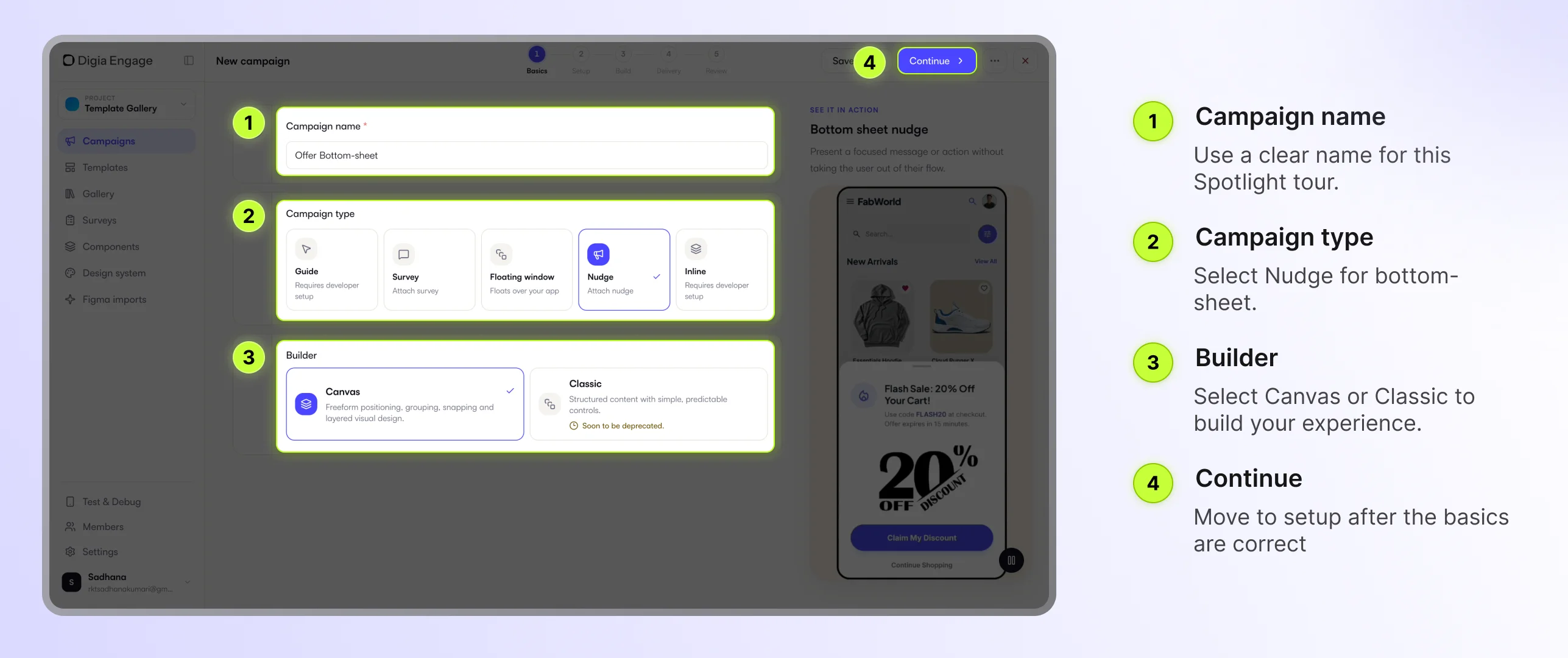 Digia Engage campaign Basics step with campaign name, Nudge type, and builder selection highlighted