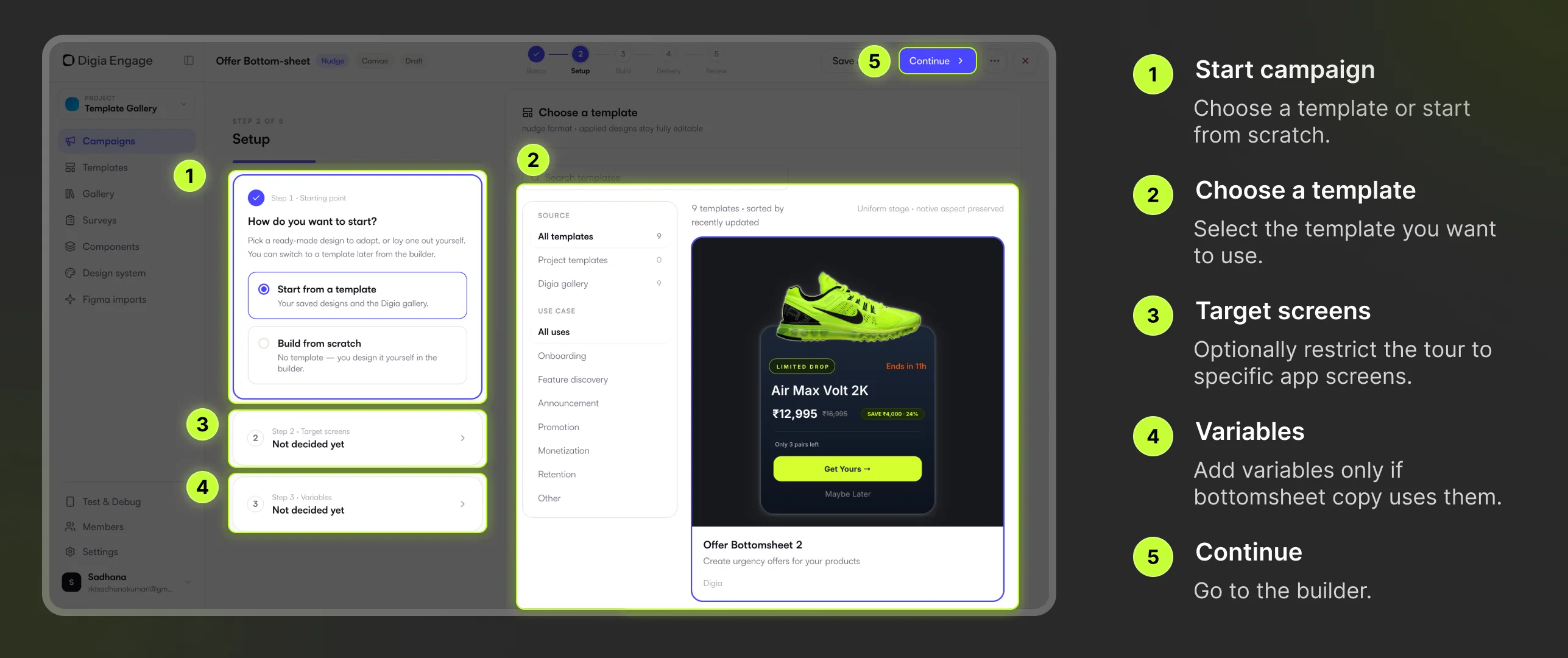 Digia Engage Setup step showing campaign starting point, template selection, target screens, and variables