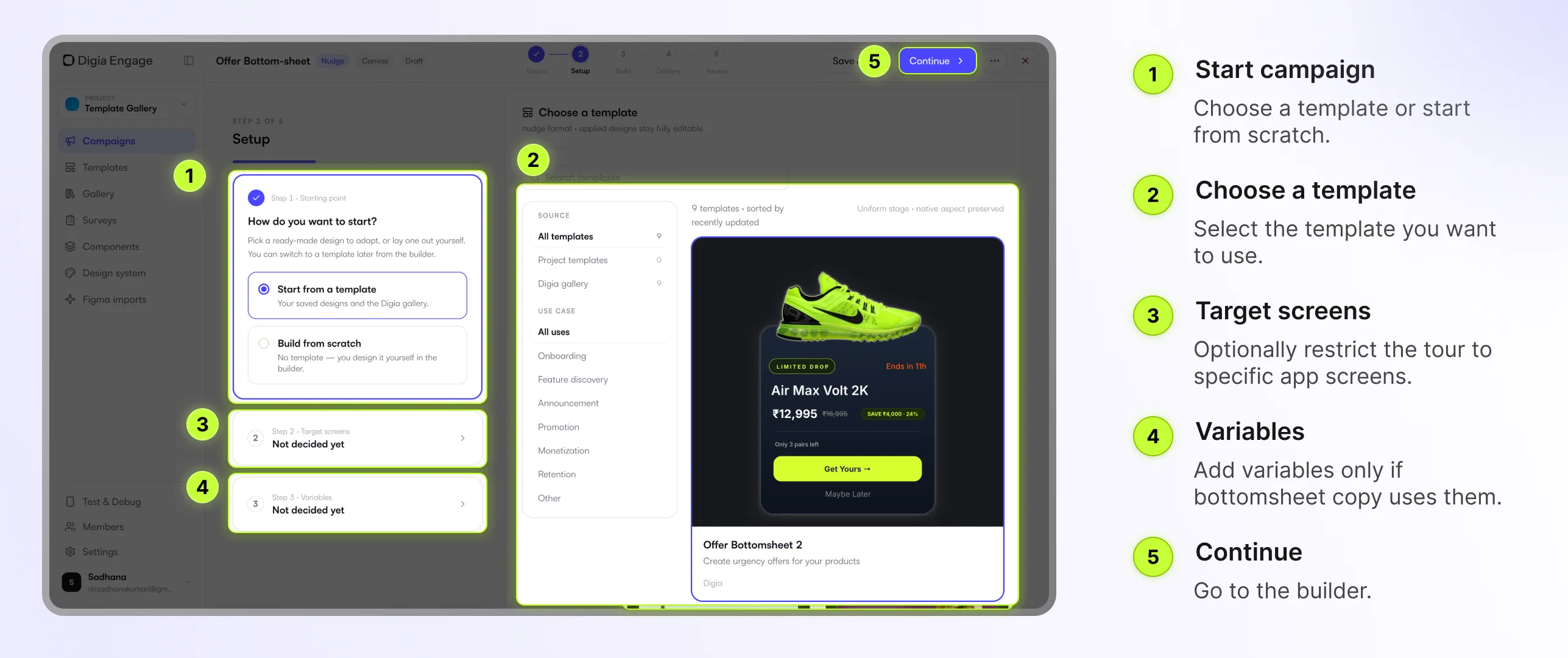 Digia Engage Setup step showing campaign starting point, template selection, target screens, and variables