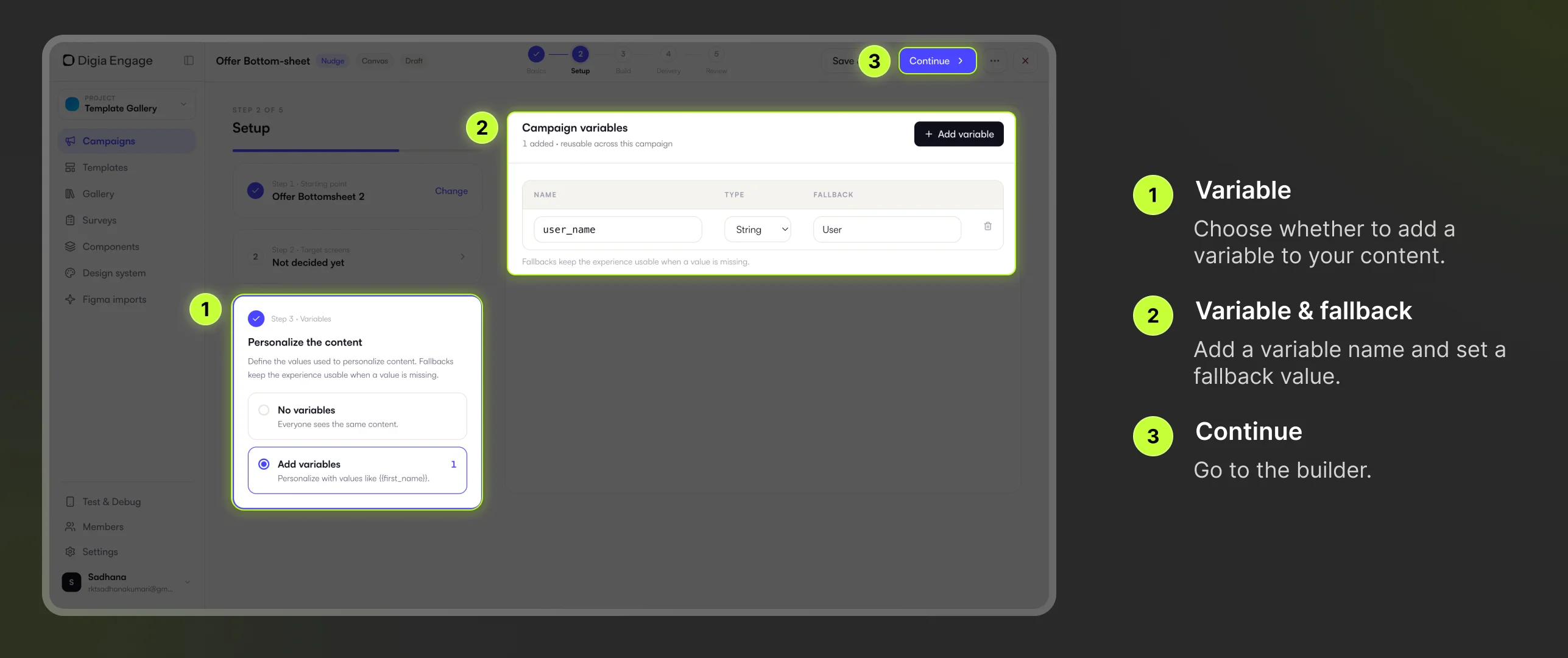 Digia Engage Setup step with campaign variables and fallback values