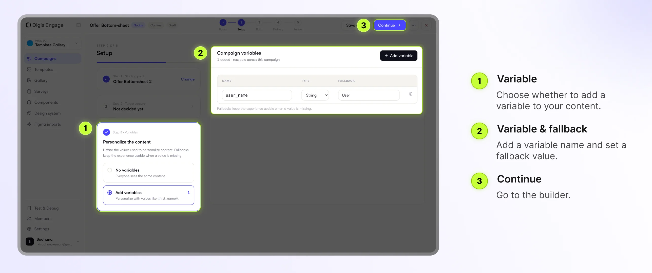 Digia Engage Setup step with campaign variables and fallback values