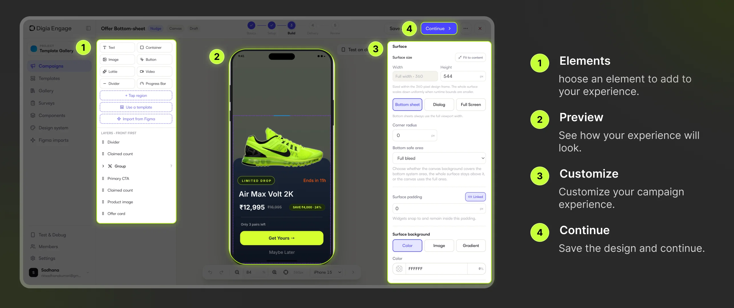 Digia Engage Nudge builder with layer selection, preview, properties, and continue highlighted