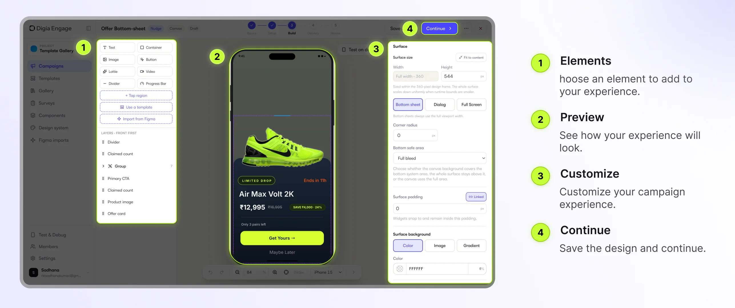 Digia Engage Nudge builder with layer selection, preview, properties, and continue highlighted