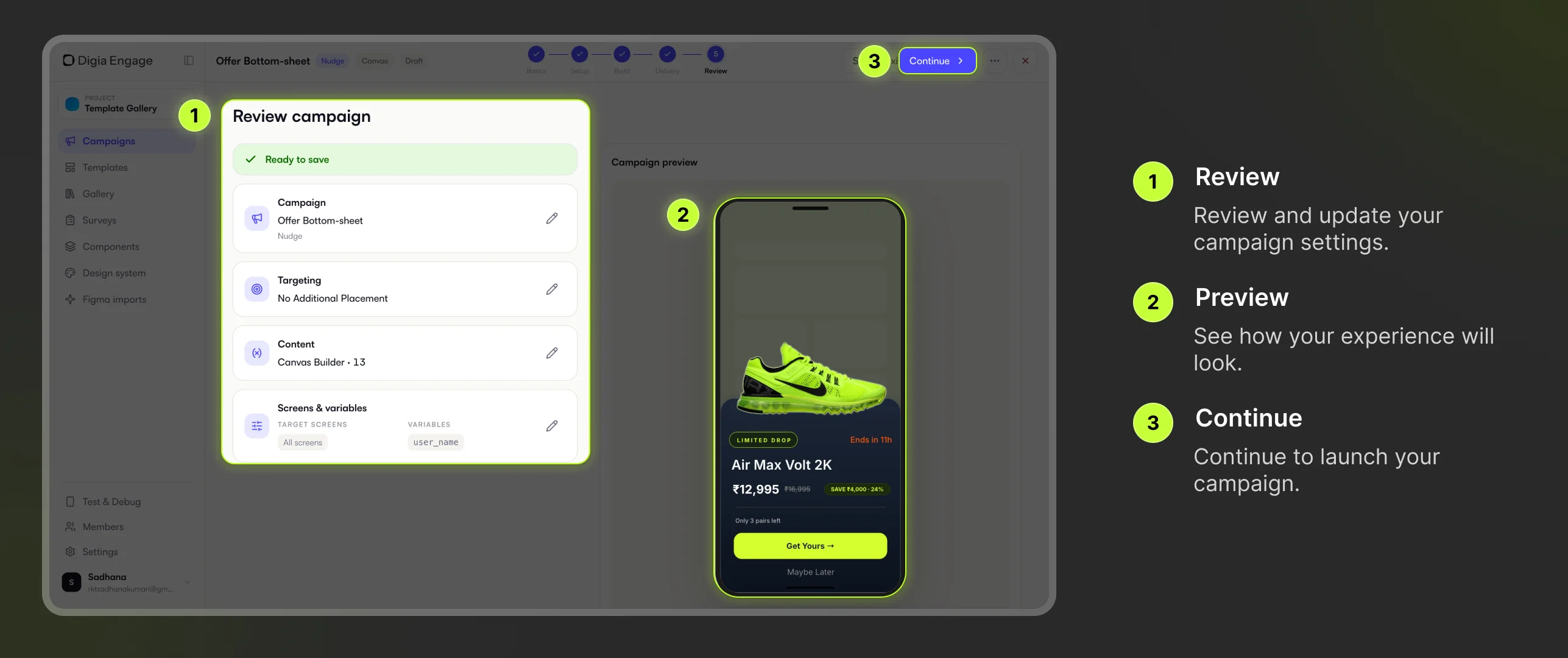 Digia Engage Review step with campaign overview and mobile preview