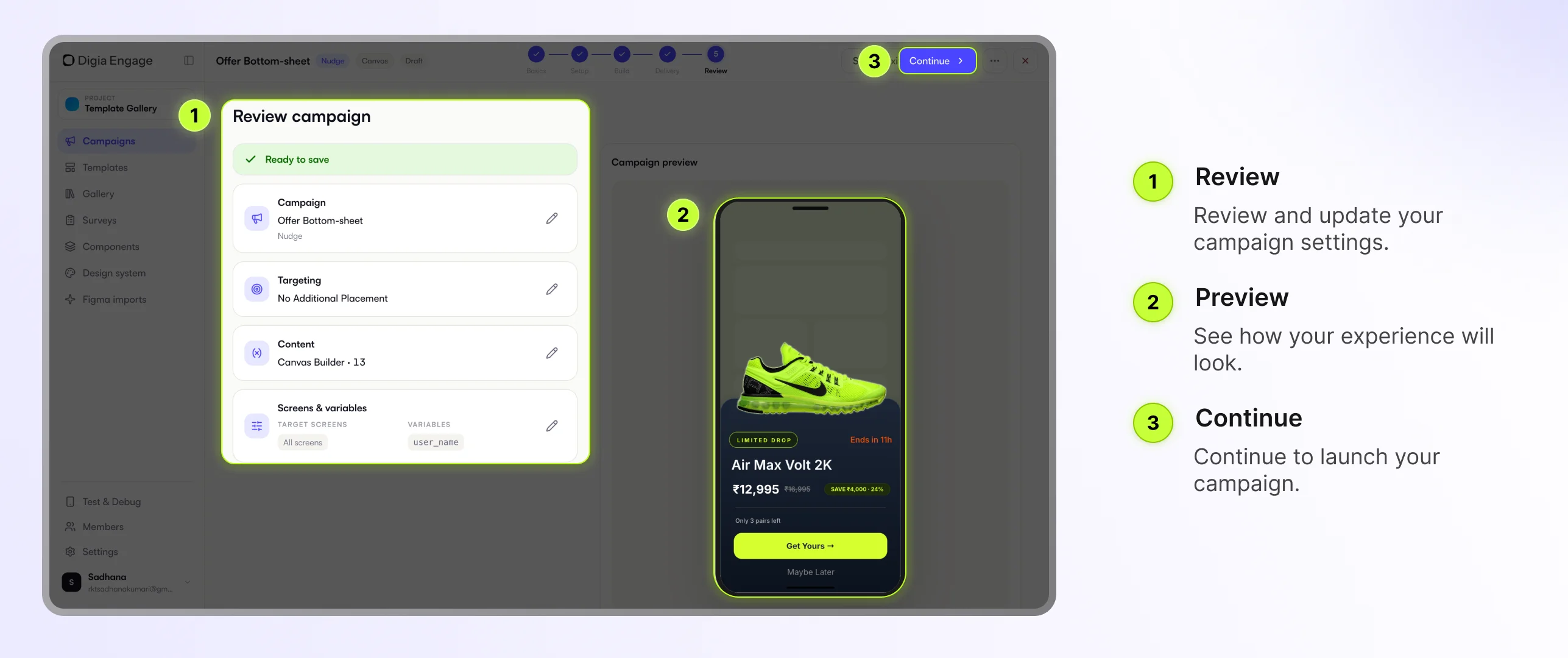 Digia Engage Review step with campaign overview and mobile preview