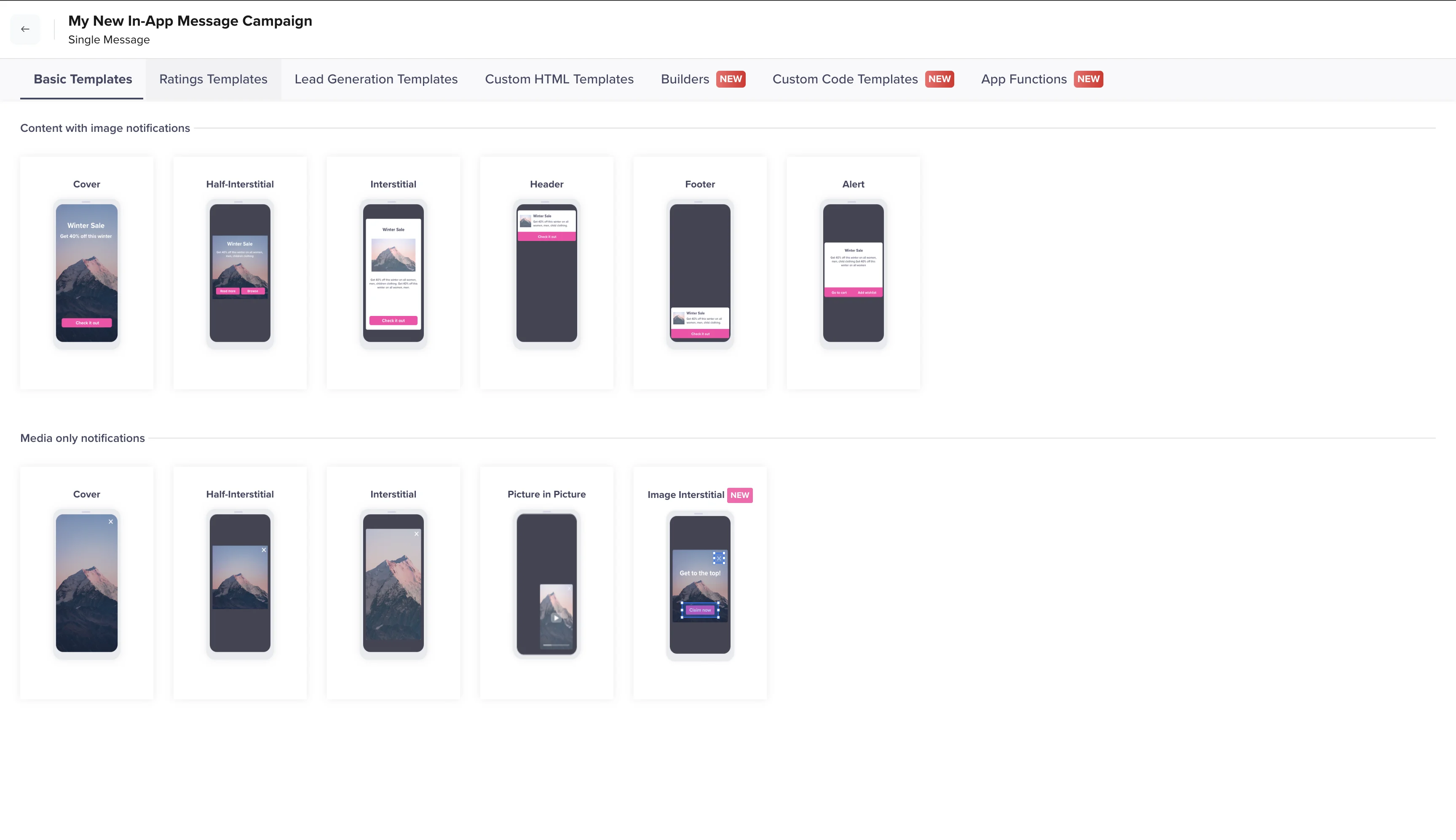 CleverTap template picker showing available In-App templates