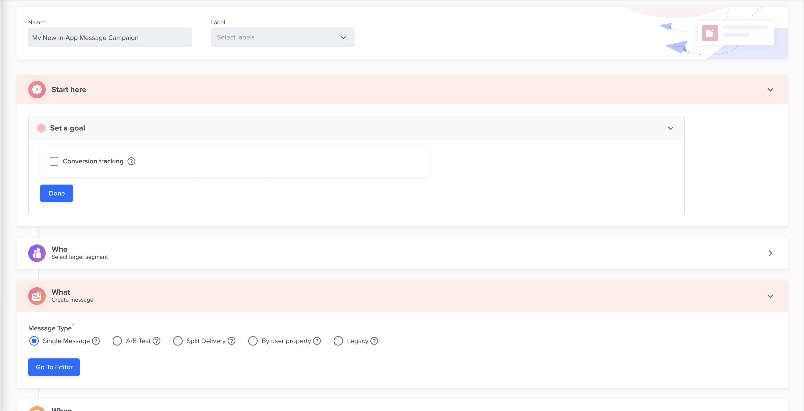 CleverTap In-App campaign setup screen with Single Message selected