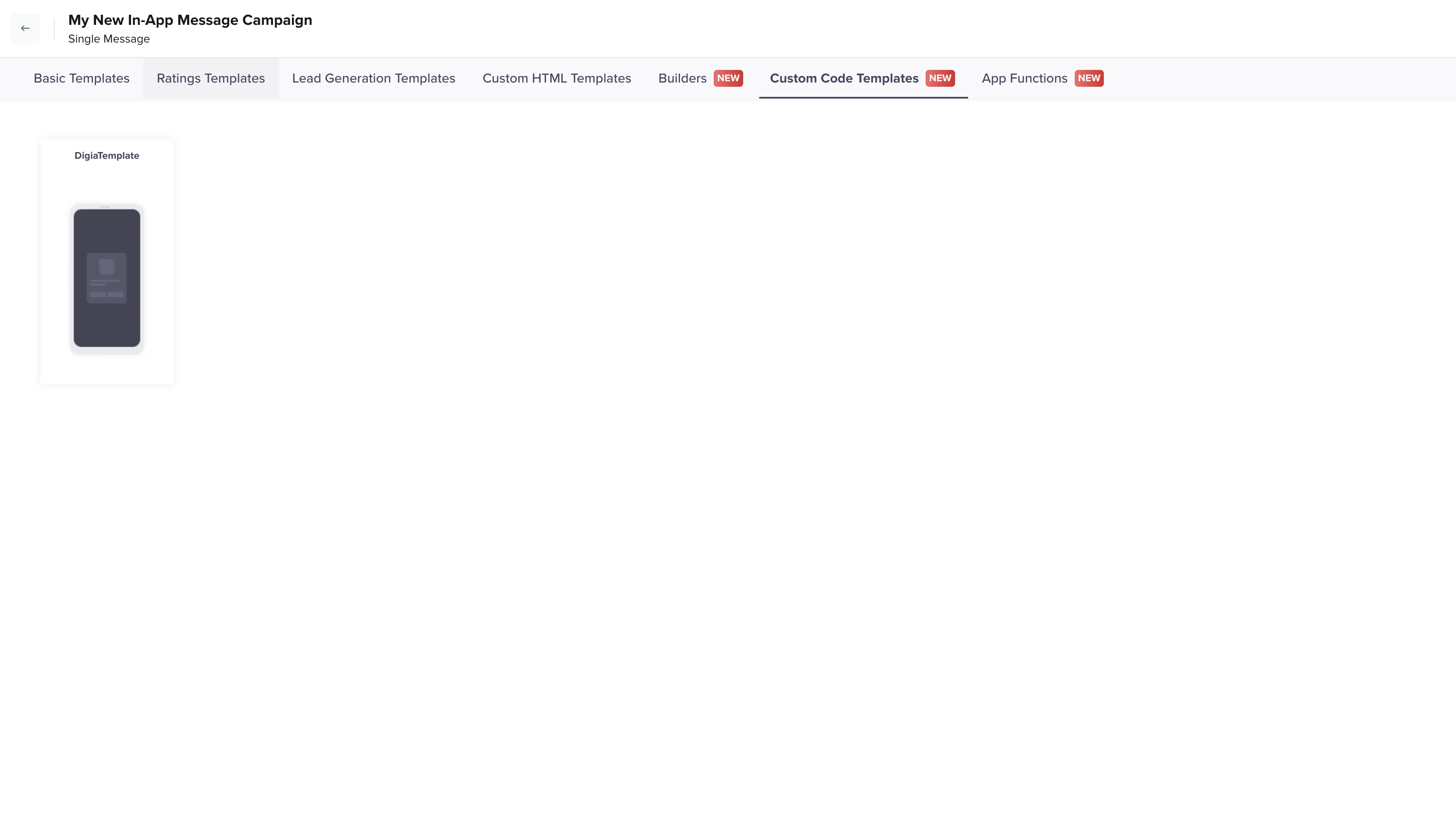 CleverTap Custom Code Templates tab showing DigiaTemplate