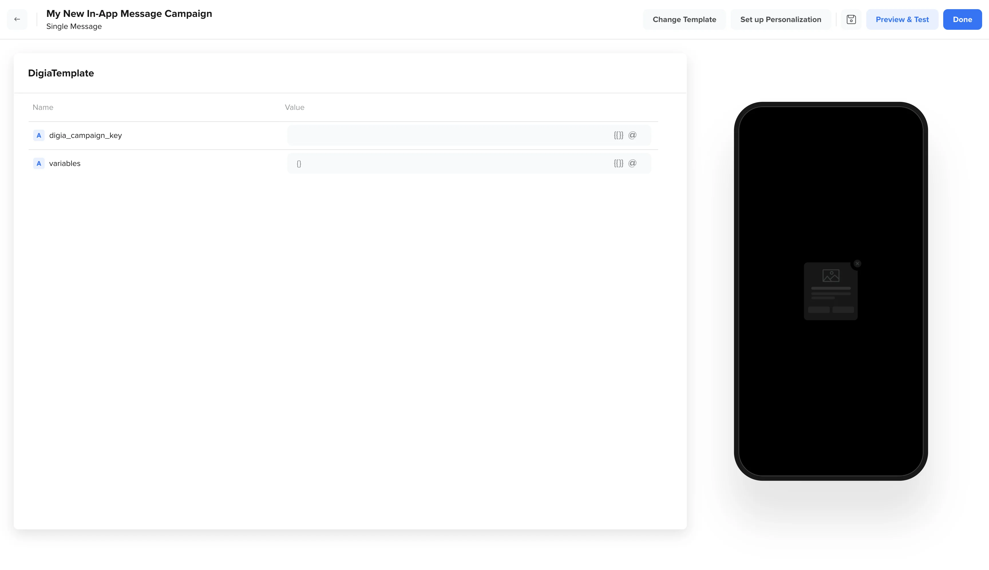 CleverTap DigiaTemplate with campaign key and variables fields