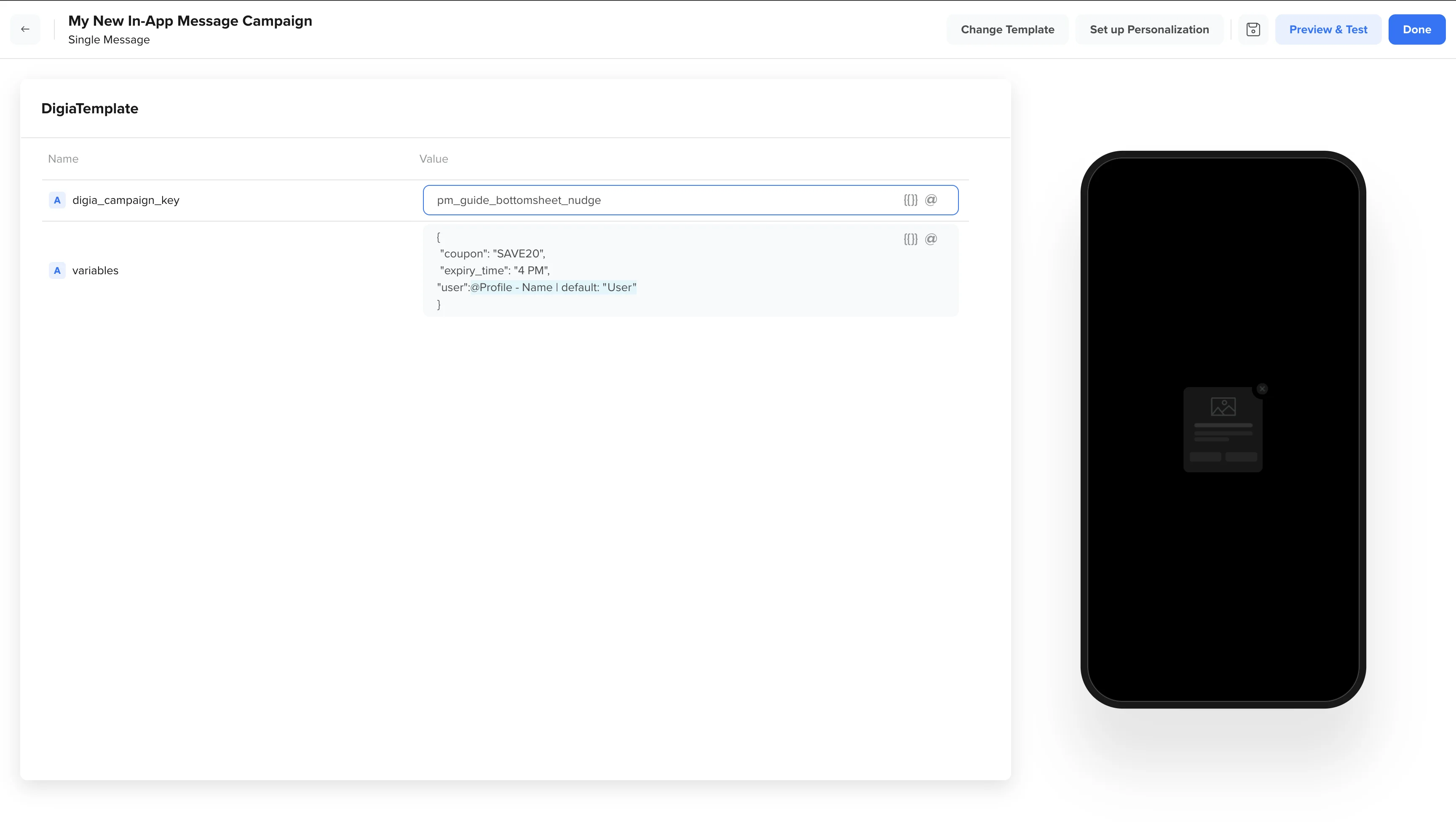 CleverTap DigiaTemplate with campaign key and variables filled