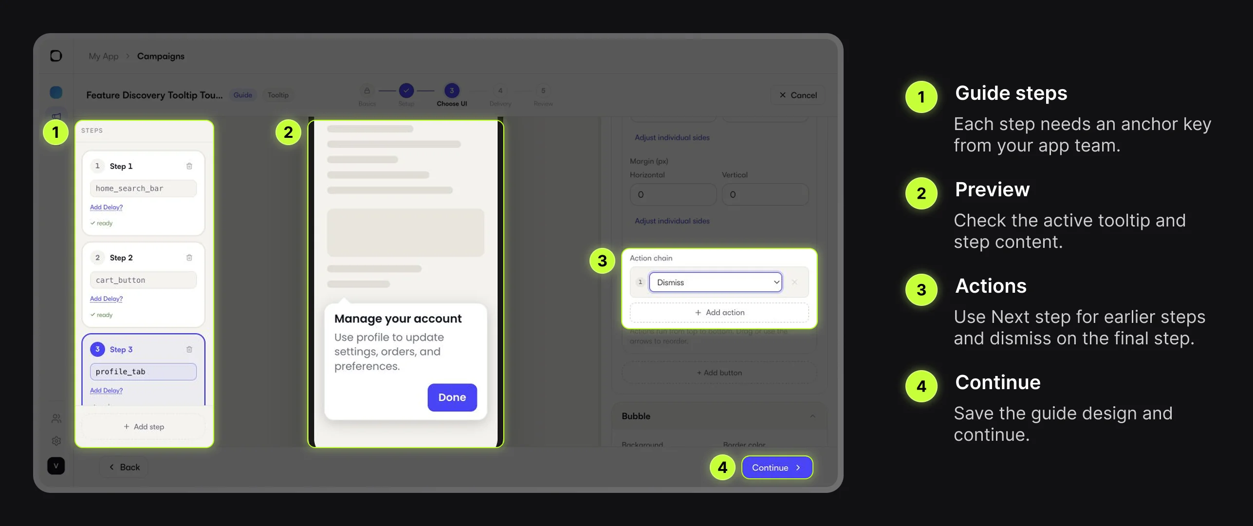 Digia Engage Guide builder with steps, preview, and action controls highlighted