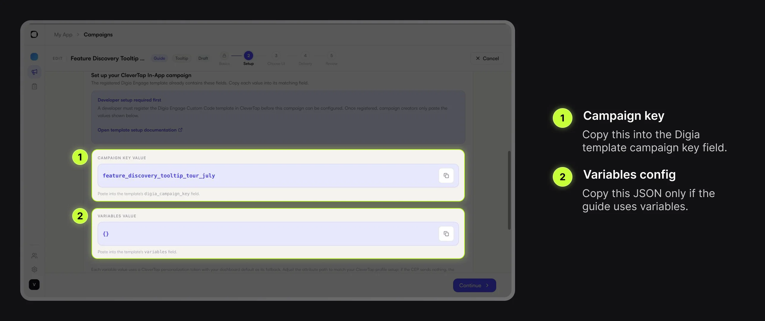 Digia Engage CleverTap setup section with campaign key and variables highlighted
