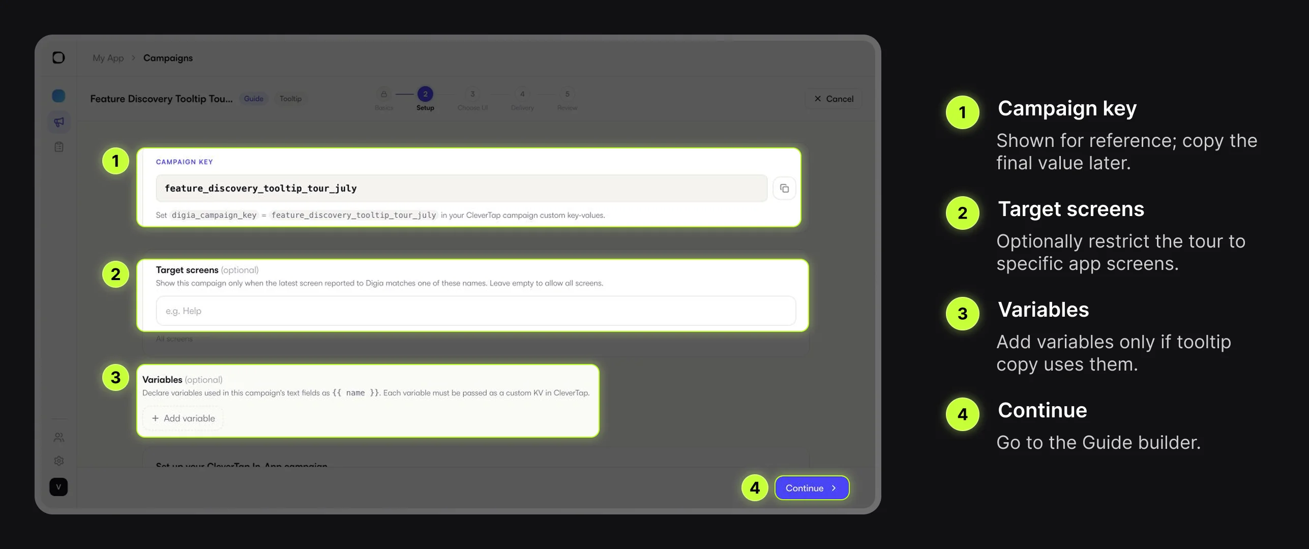 Digia Engage Setup step with campaign key, target screens, and variables highlighted