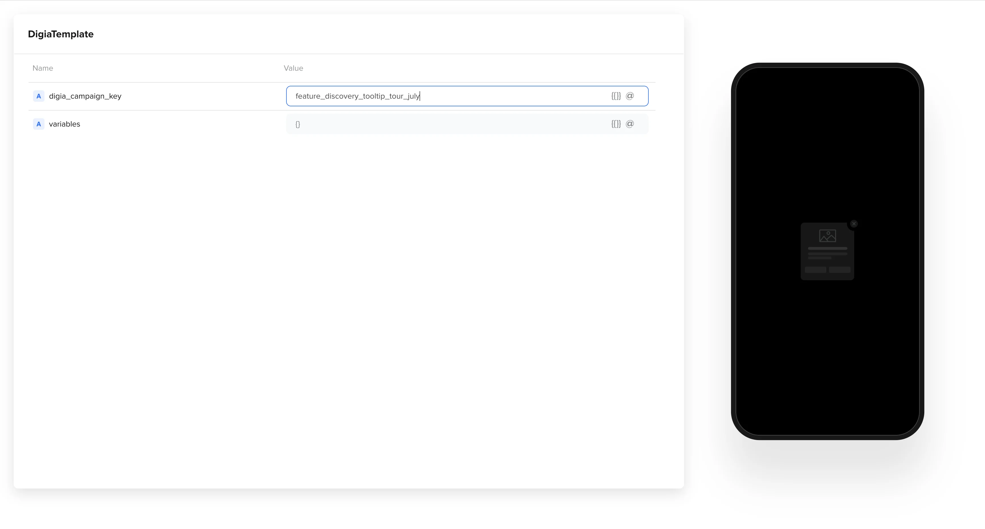 CleverTap DigiaTemplate with tooltip Guide campaign key and variables filled