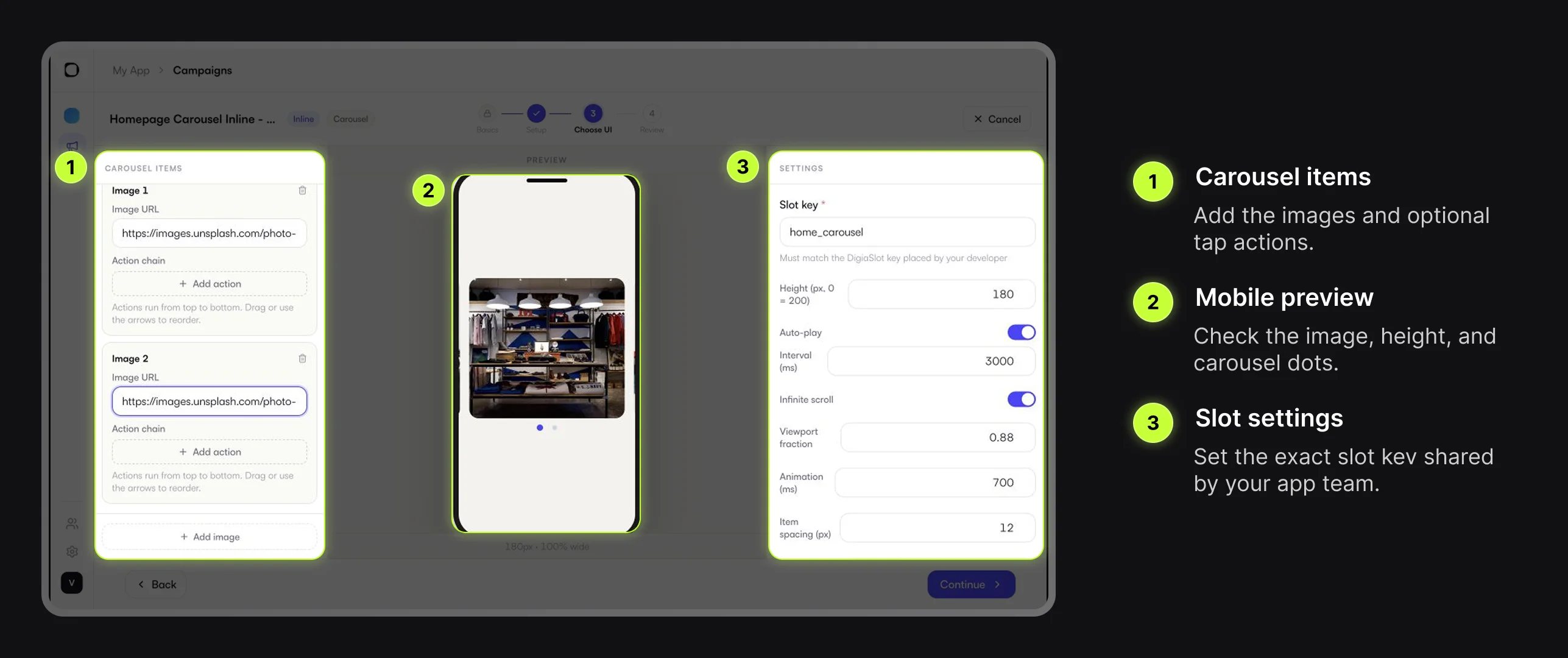 Digia Engage Inline Carousel builder with carousel items, preview, and slot settings highlighted