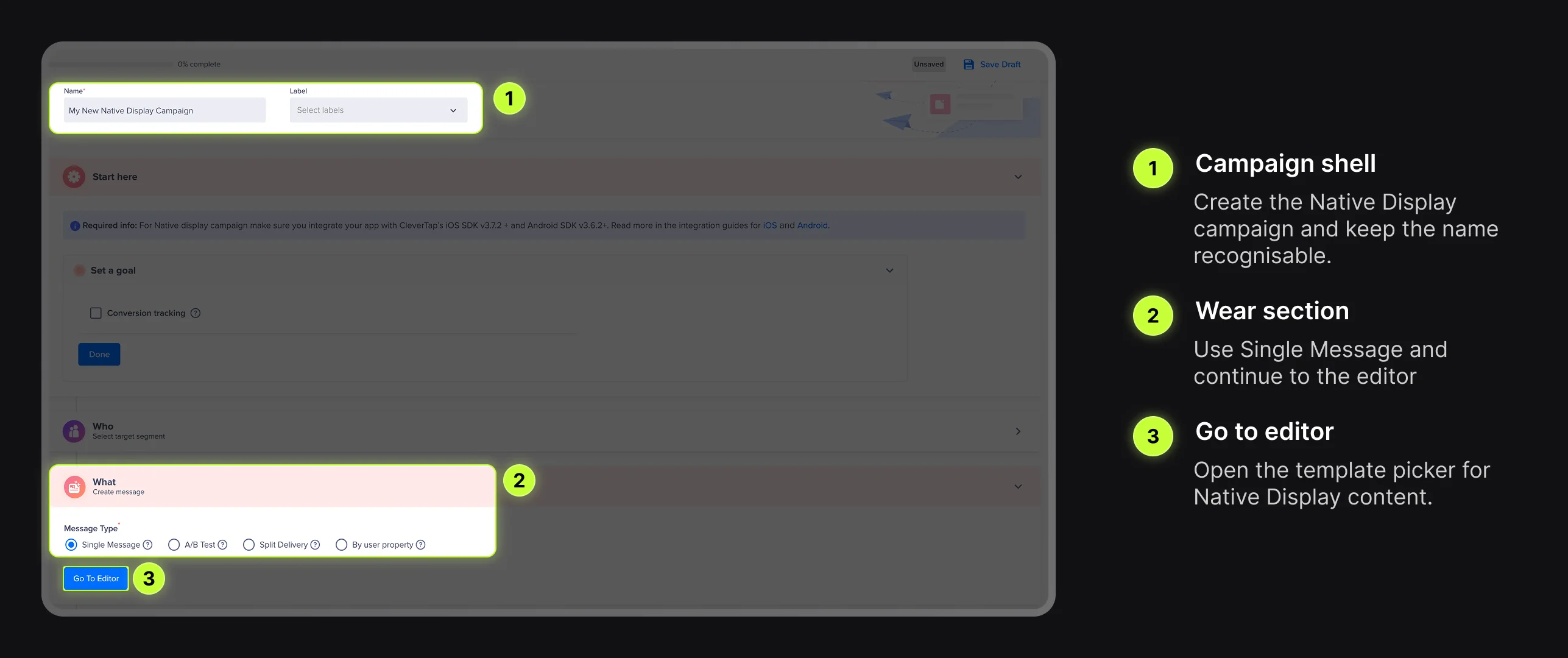 CleverTap Native Display campaign setup with What section and Go To Editor highlighted
