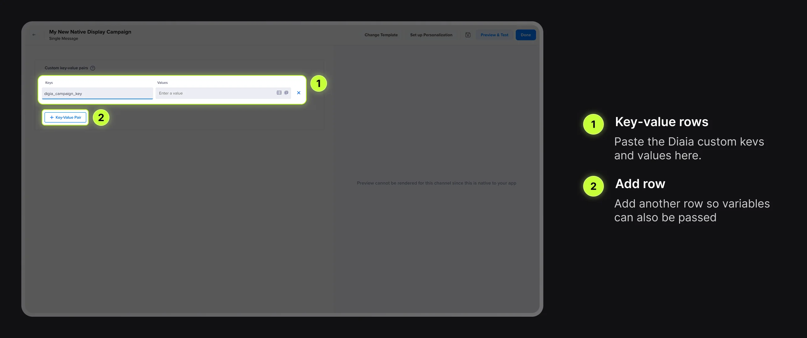 CleverTap Native Display custom key-value pairs screen highlighted