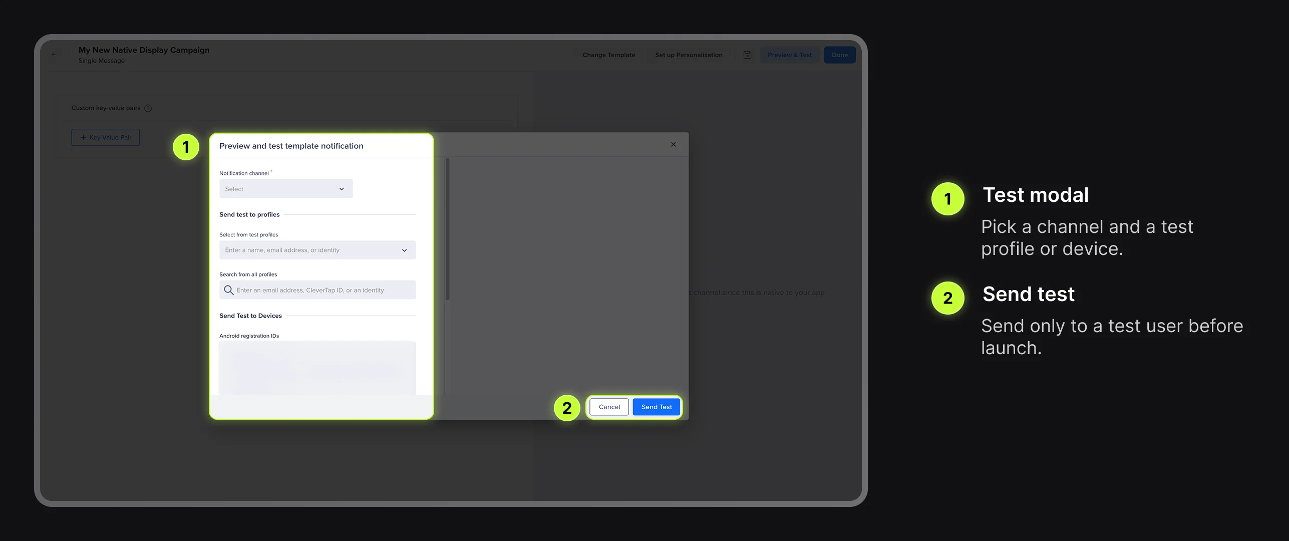 CleverTap Native Display Preview and Test modal highlighted