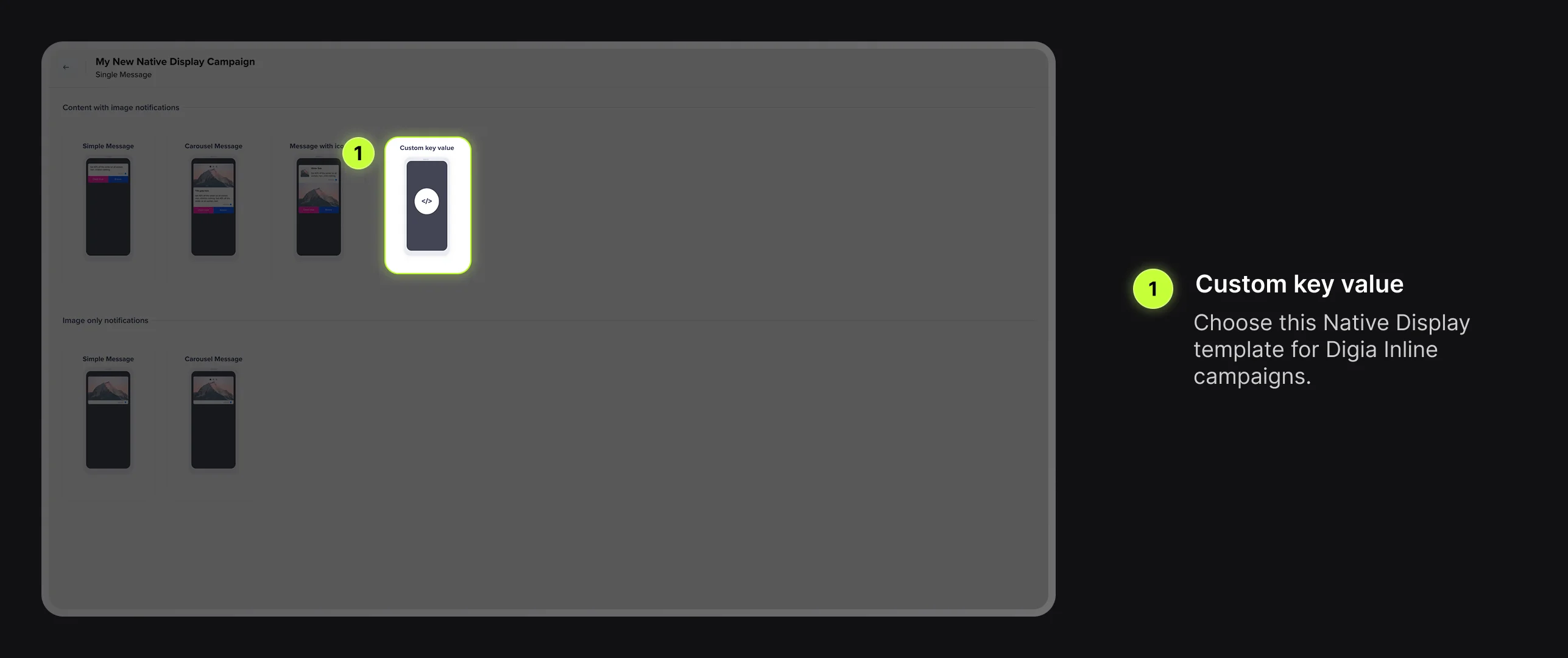 CleverTap Native Display template picker with Custom key value highlighted