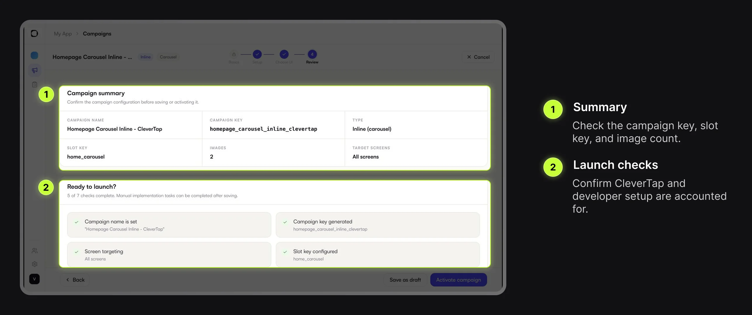 Digia Engage Inline campaign Review step with campaign summary and launch checks highlighted