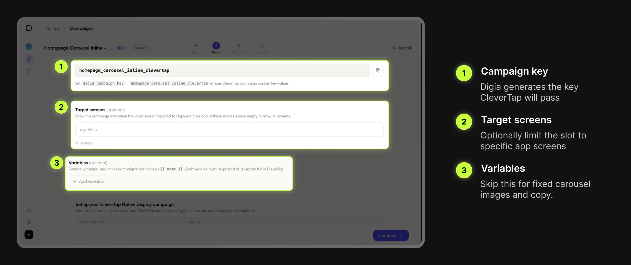 Digia Engage Inline Setup step with campaign key, target screens, and variables highlighted