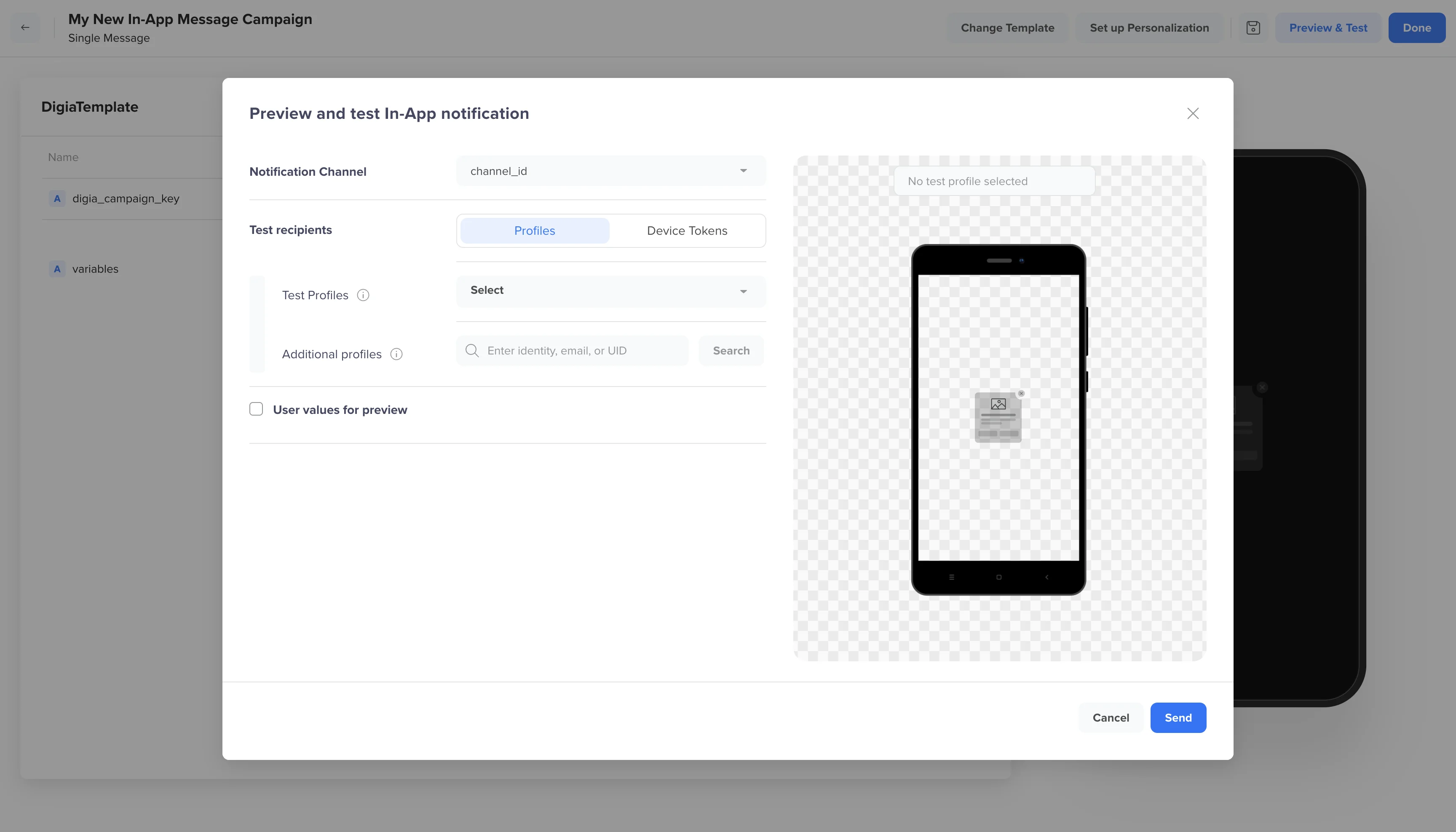 CleverTap Preview and Test modal for an In-App campaign