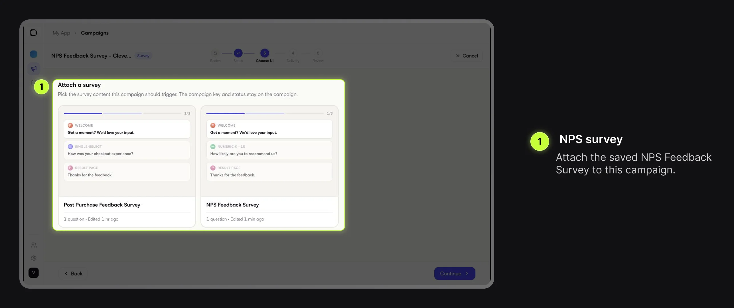 Digia Engage Attach a survey step with NPS Feedback Survey selected