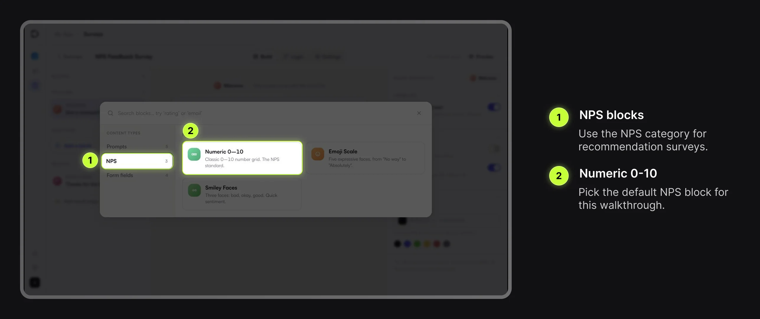 Digia Engage Survey block picker with NPS and Numeric 0-10 highlighted