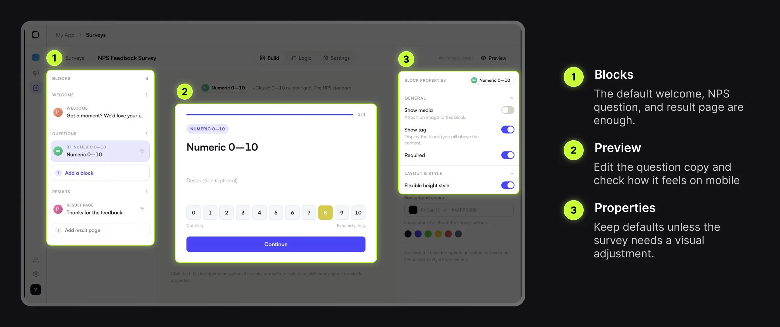 Digia Engage Survey builder with blocks, preview, and properties highlighted