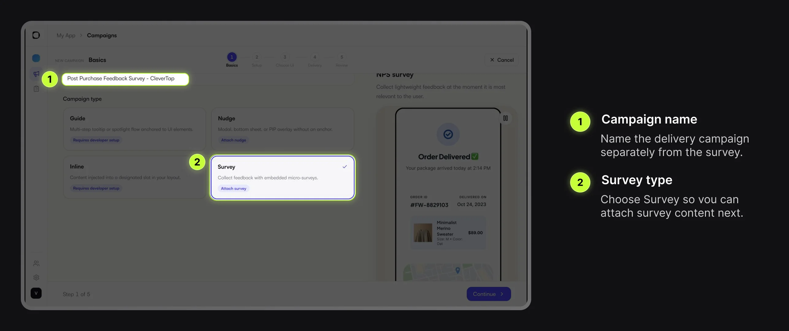 Digia Engage campaign Basics step with campaign name and Survey type highlighted