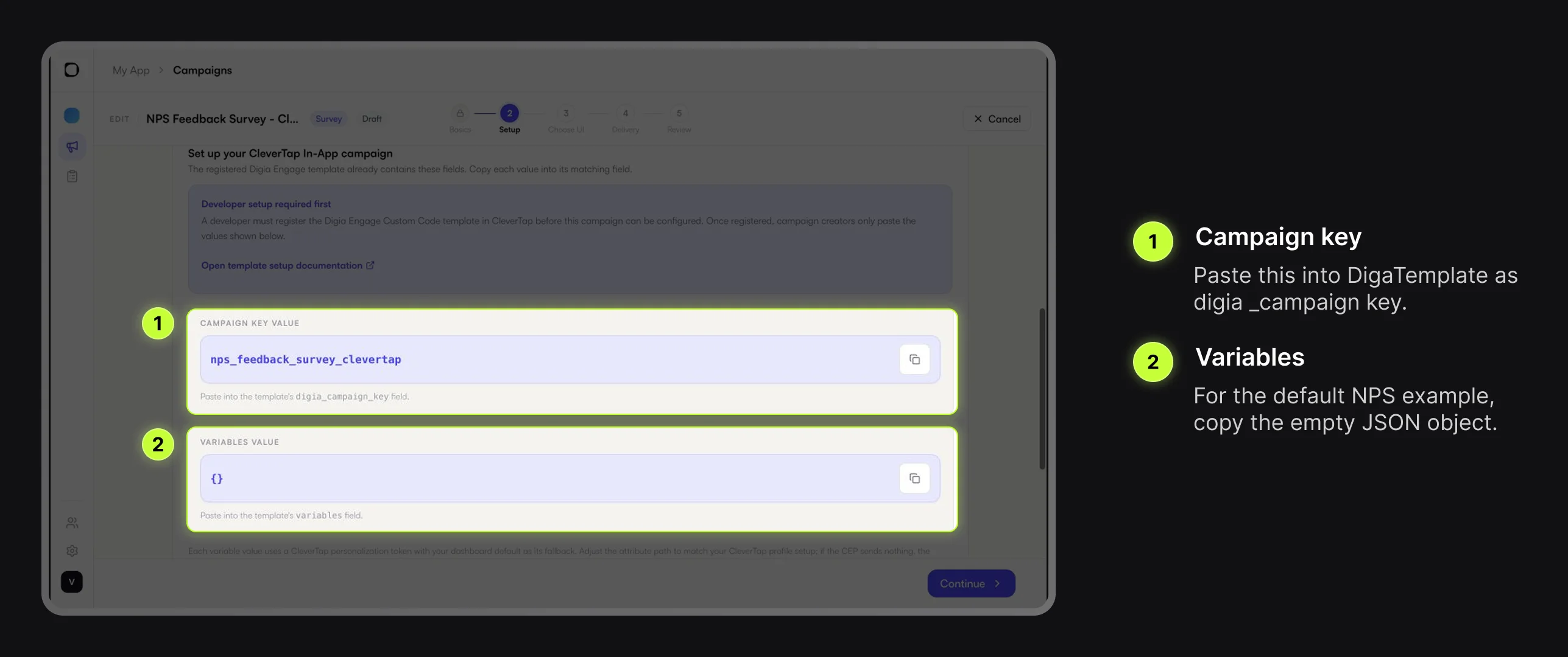 Digia Engage CleverTap setup section with NPS Survey campaign key and variables highlighted