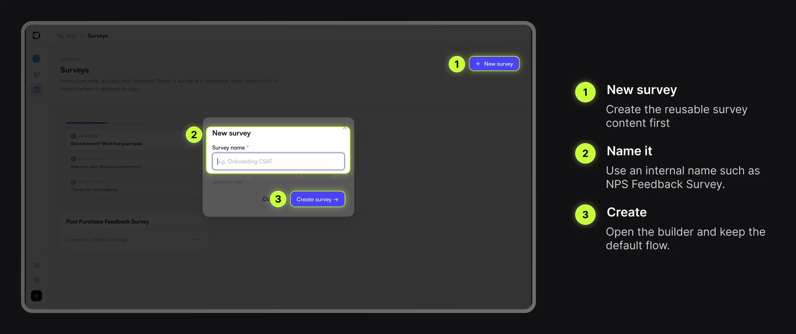 Digia Engage New survey modal with survey name and create button highlighted